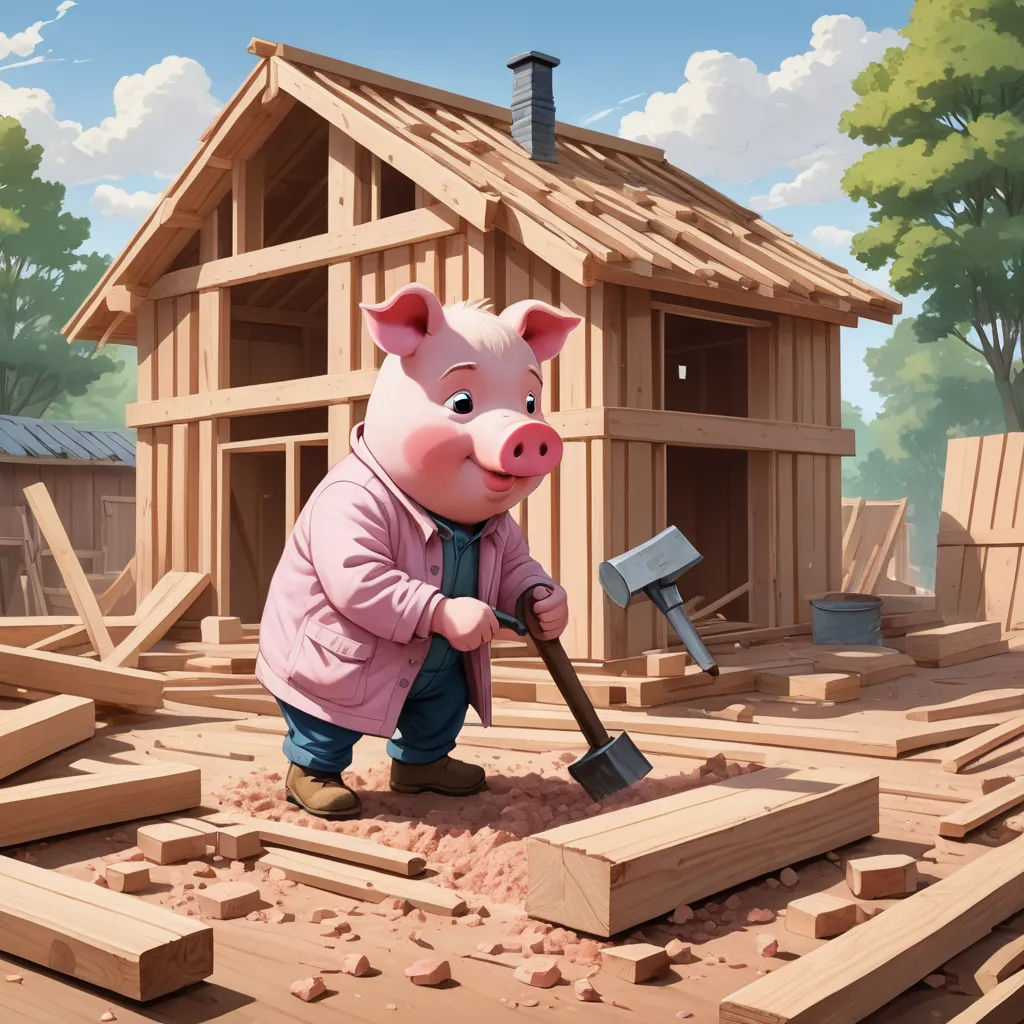a pig is digging a pile of wood with a hammer in his hand and a house in the background, precisionism, a storybook illustration, Chris LaBrooy, storybook illustration