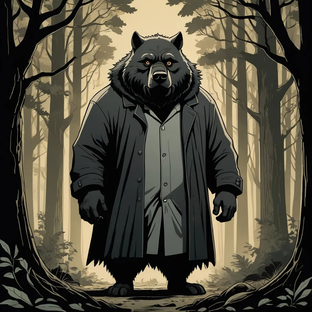 a bear in a coat standing in a forest with trees and leaves around him, with a full moon in the background, furry art, a character portrait, Chip Zdarsky, comic cover art