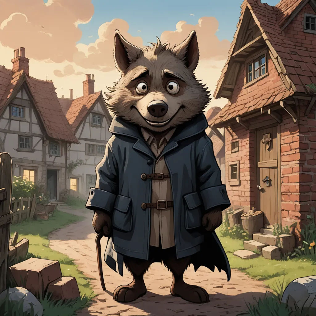 a cartoon character is standing in front of a village with a house and a raccoon in the foreground, furry art, concept art, Colin Middleton, official art