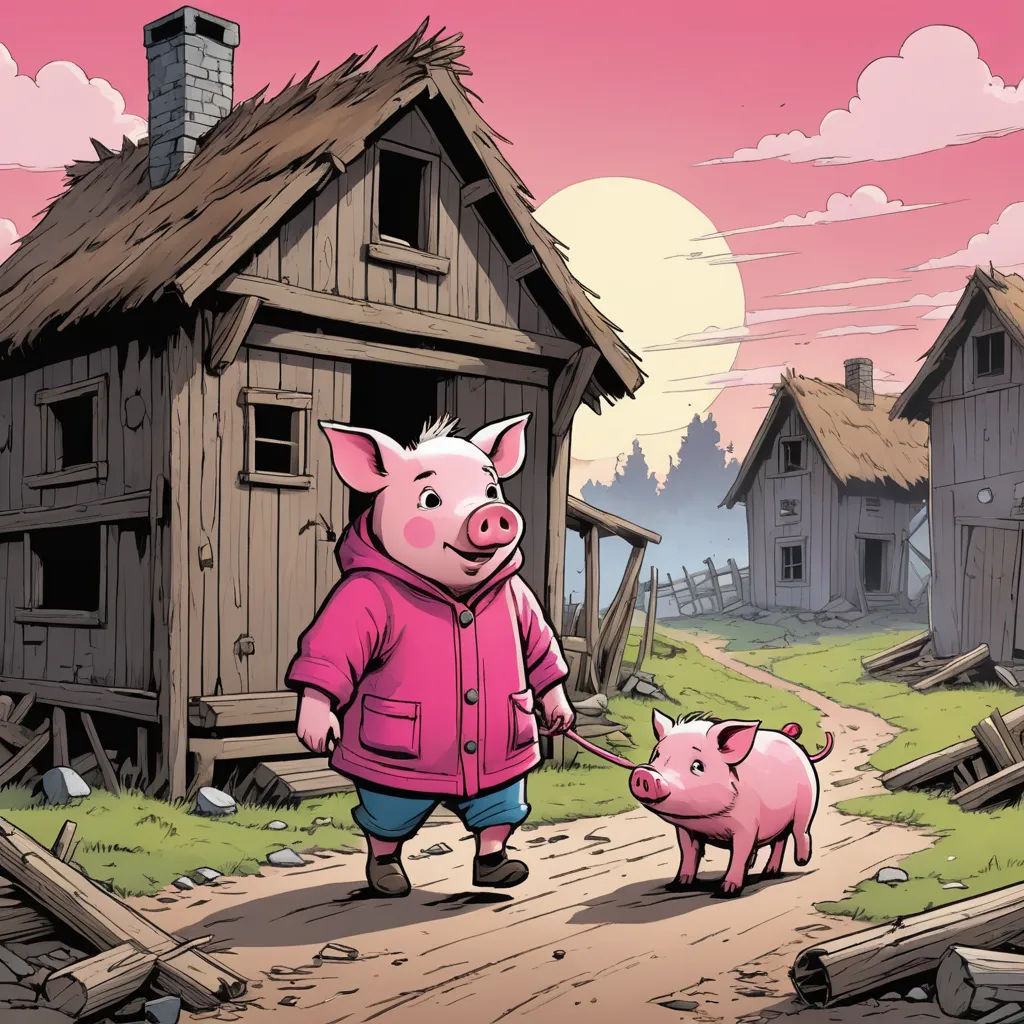 a pig and a piggy are walking towards a small house with a pink sky in the background and a pink sky, underground comix, a storybook illustration, Diego Gisbert Llorens, storybook illustration