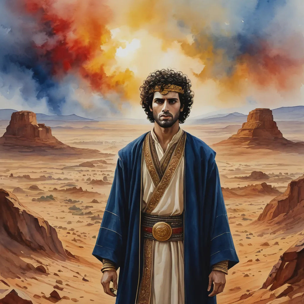 a painting of a man in a desert setting with a sky background and a red cloud in the sky, fantasy art, a painting, Drew Struzan, official art