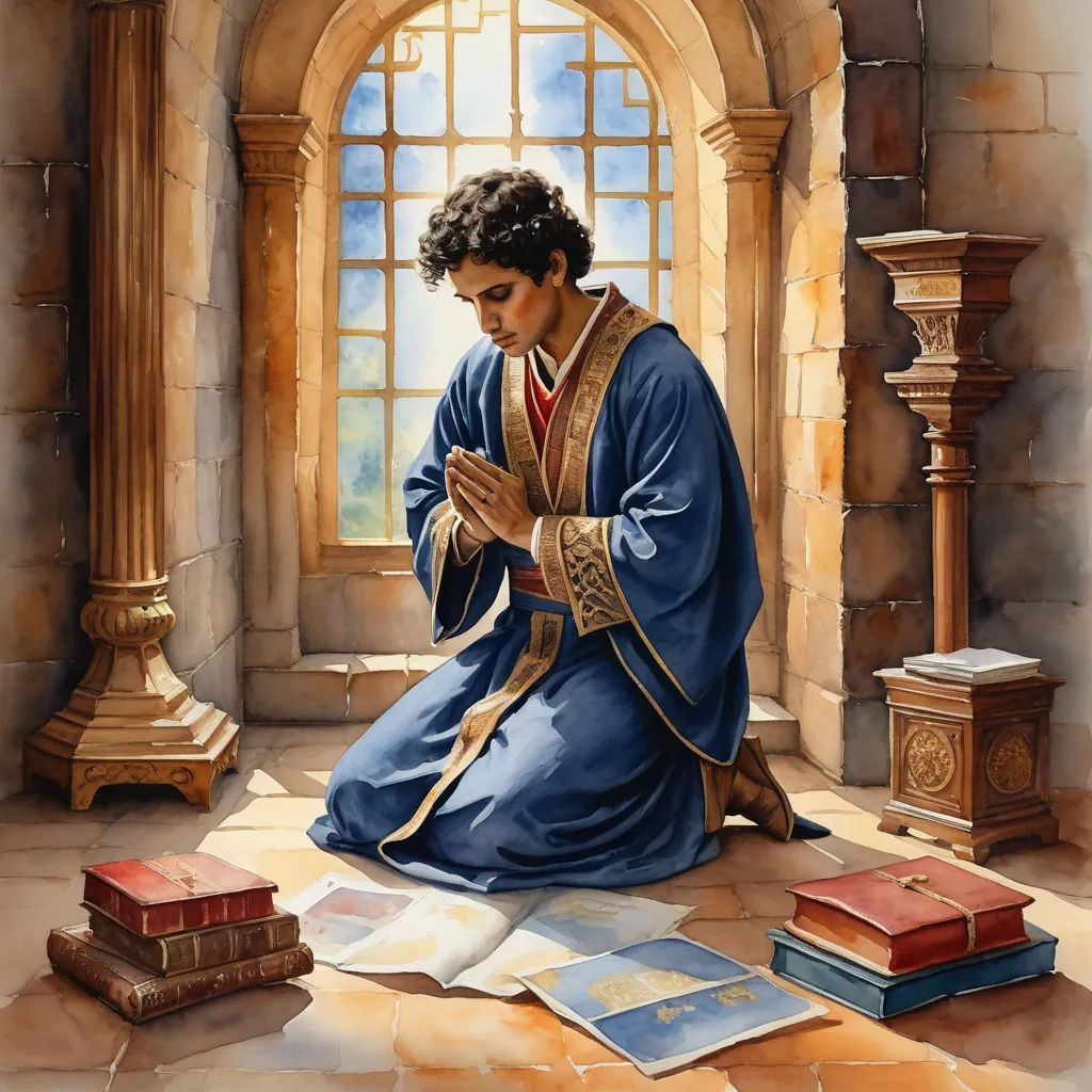 a painting of a man sitting on the ground with books around him and a window in the background with a sky, mannerism, a storybook illustration, Dionisius, radiant light