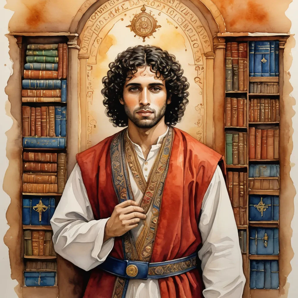 a painting of a man in a red robe and a bookcase with books behind him and a cross on the wall, pre-raphaelitism, a character portrait, Alesso Baldovinetti, character portrait