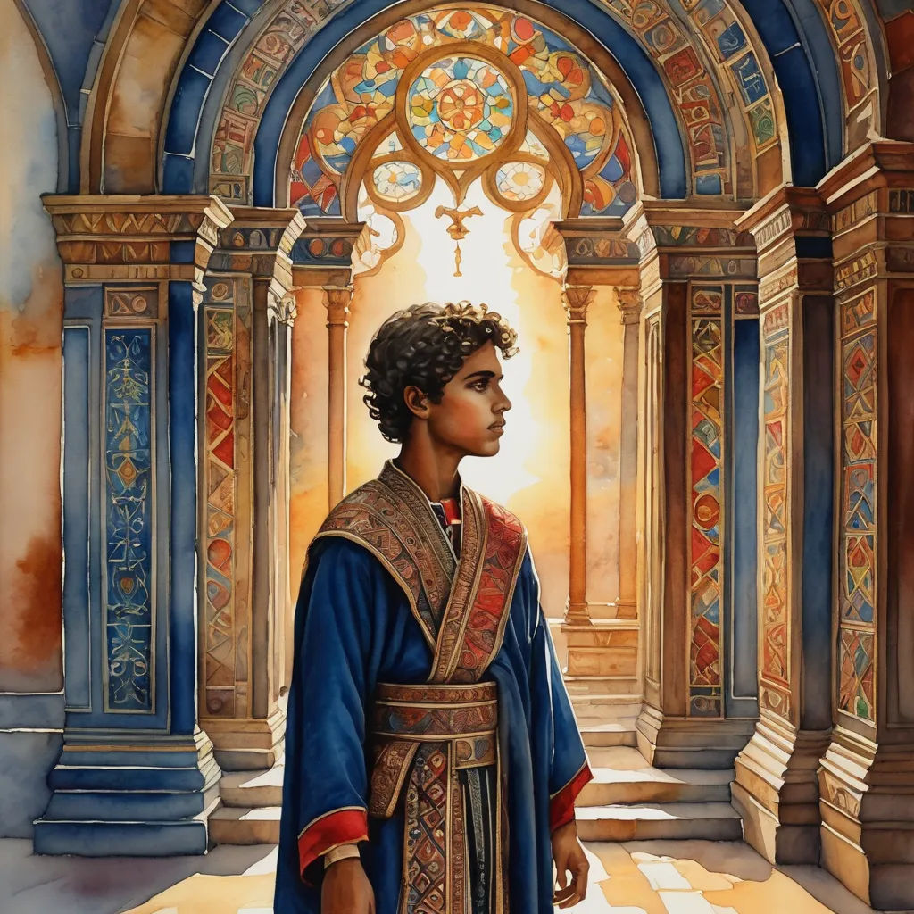 a painting of a man in a blue and gold outfit standing in a doorway with a stained glass window, fantasy art, a watercolor painting, Drew Struzan, radiant light