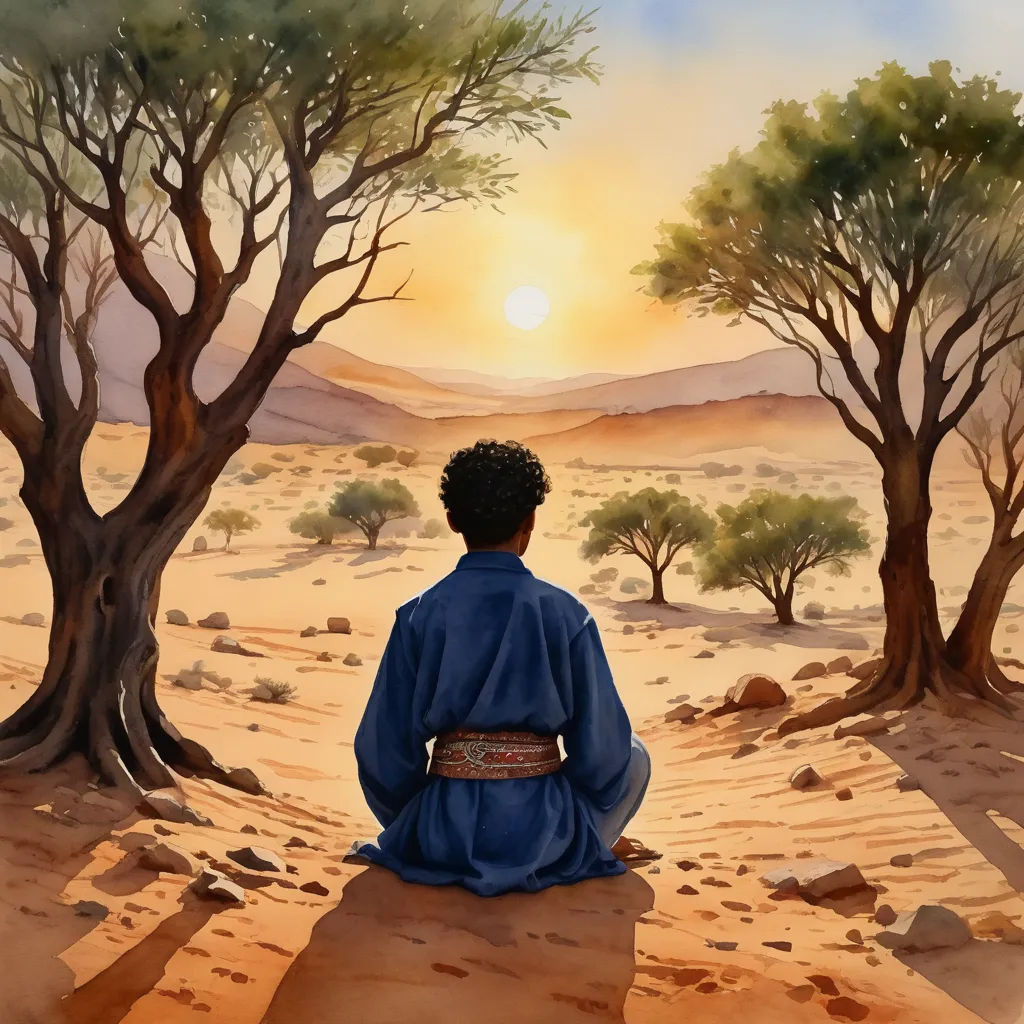 a painting of a person sitting in the desert with trees in the background and a sunset in the distance, afrofuturism, a storybook illustration, Derold Page, orientalism