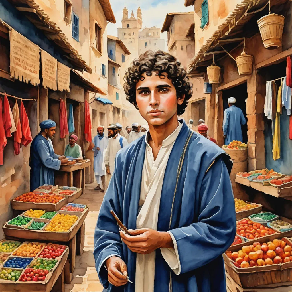 a painting of a man in a market with fruit in front of him and a woman in the background, figurative art, a detailed painting, Drew Struzan, detailed painting