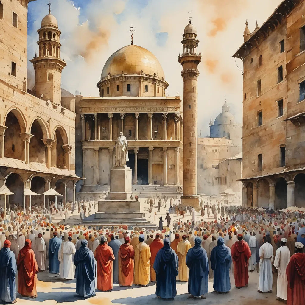 a painting of a crowd of people in front of a building with a statue in the middle of the picture, classical realism, a detailed matte painting, Christophe Vacher, orientalism