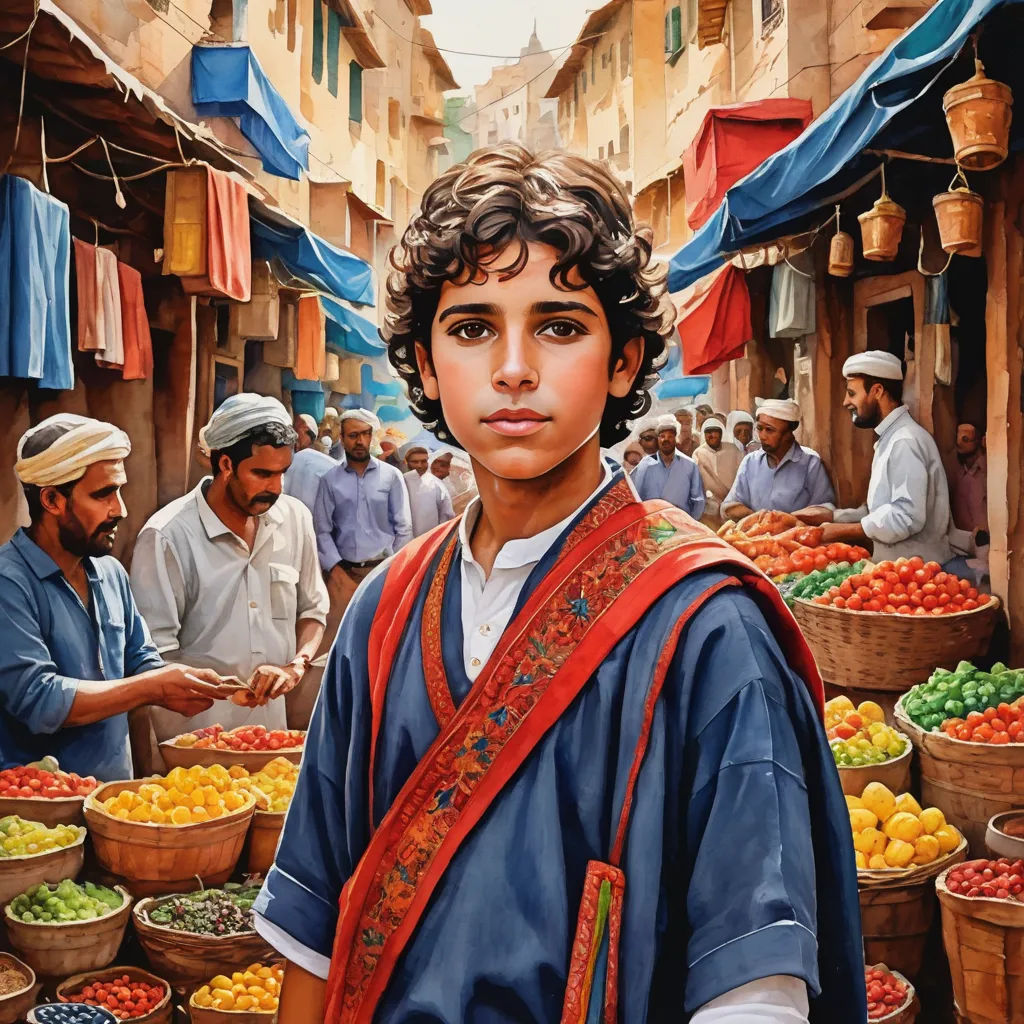 a painting of a boy in a market with other people around him and a man in a blue shirt, figurative art, an oil on canvas painting, Drew Struzan, highly detailed digital painting