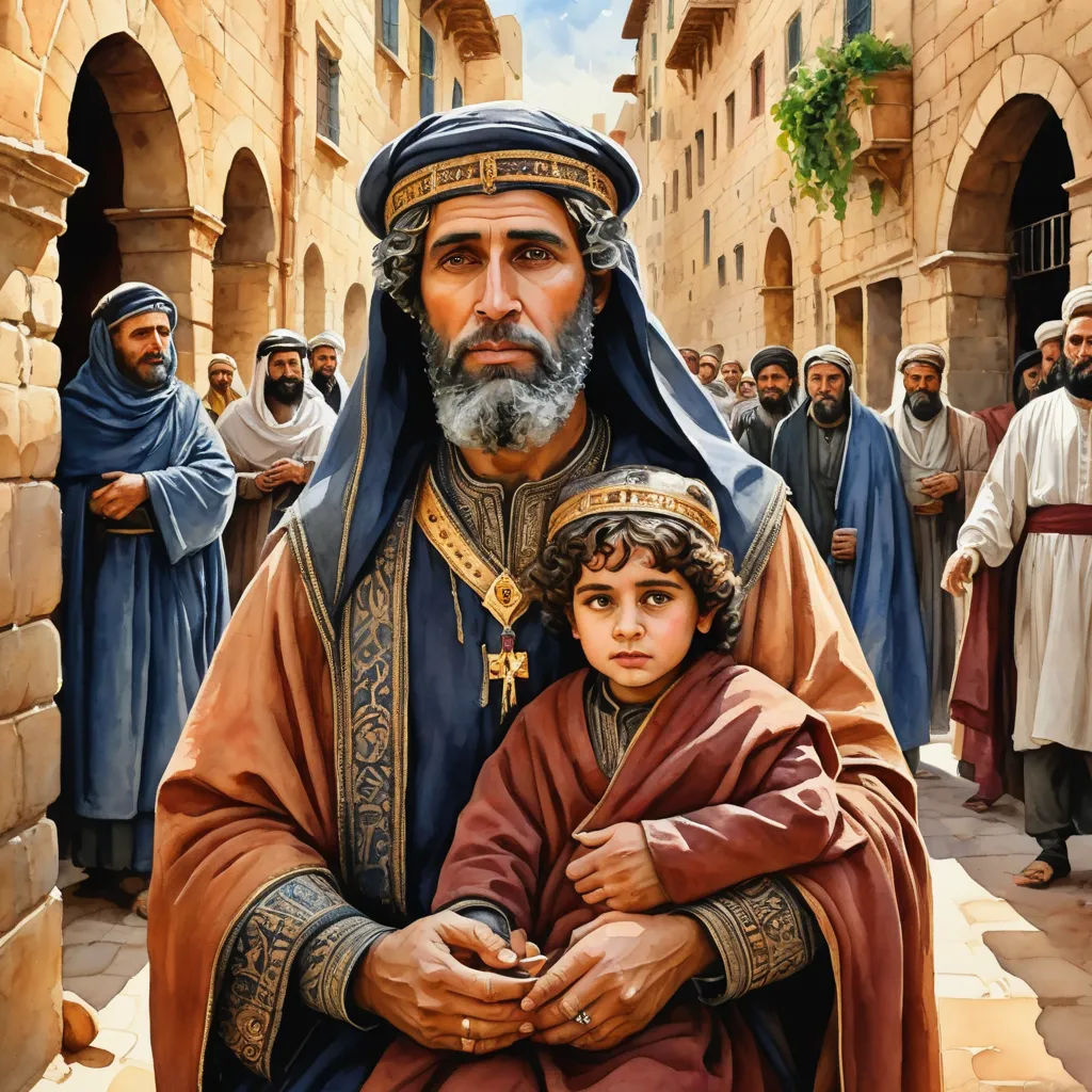 a painting of a man holding a child in his arms in front of a crowd of people in a courtyard, naive art, a detailed painting, Brothers Hildebrandt, detailed painting