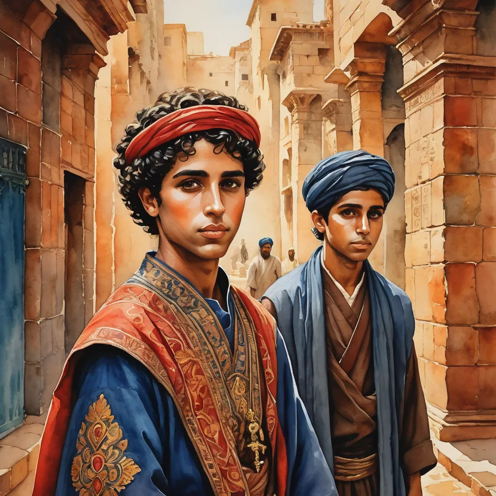 a painting of two men in ancient egypt, one wearing a turban and the other wearing a blue shawl, figurative art, egyptian art, Brothers Hildebrandt, orientalism