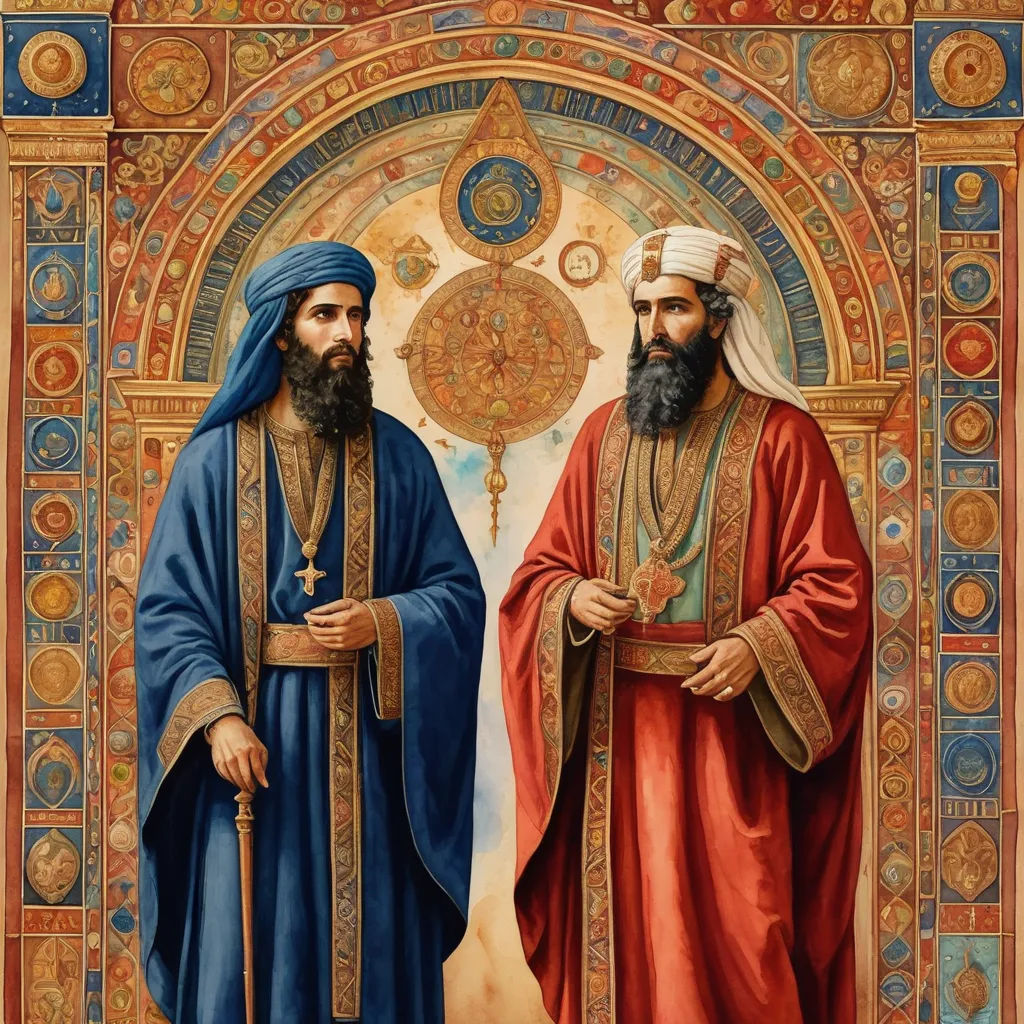 two men in robes standing next to each other in front of a painting of a cross and a door, qajar art, a detailed painting, Brothers Hildebrandt, art noveau