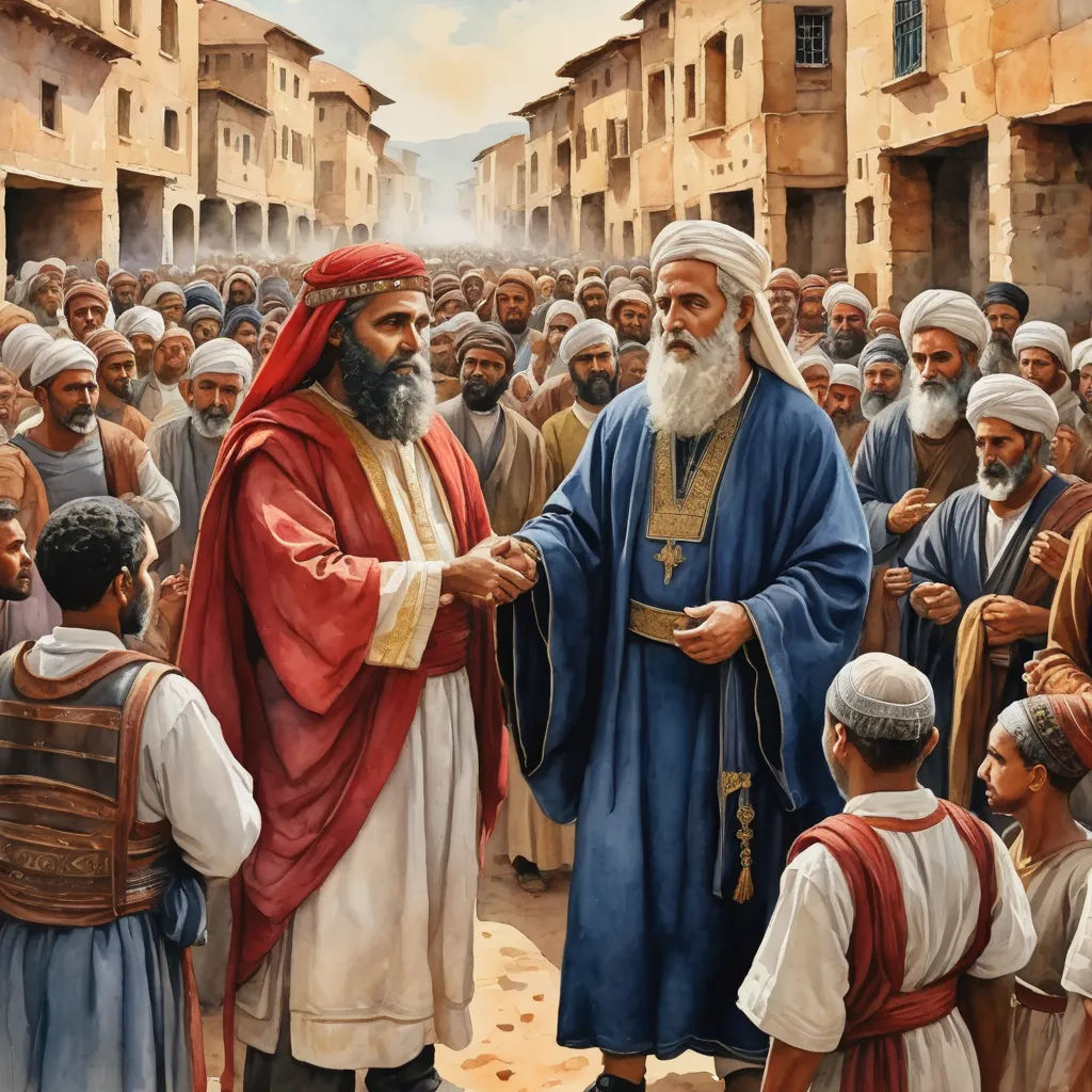 a painting of a man shaking hands with a group of people in a street with buildings in the background, letterism, a detailed painting, Brothers Hildebrandt, detailed painting