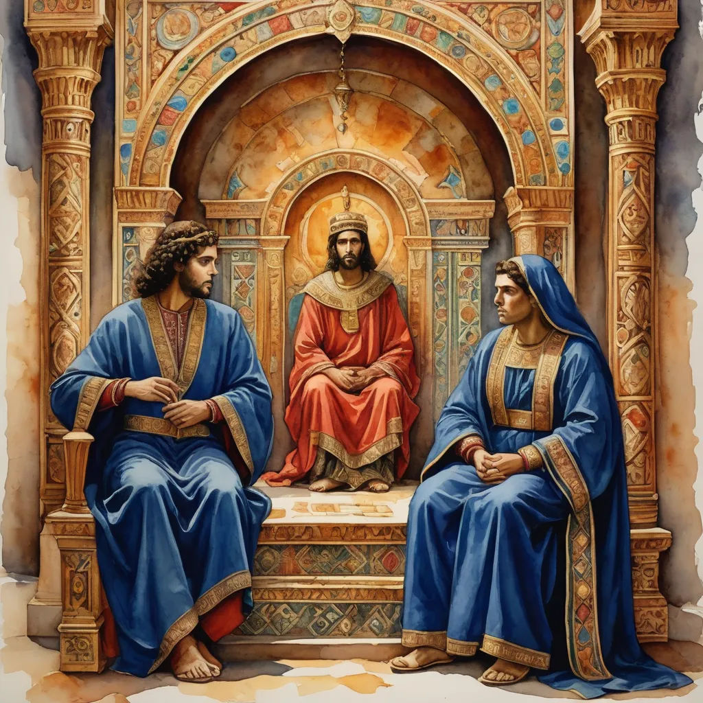 a painting of jesus and mary sitting on a throne with a man in blue robes and a woman in red, renaissance, a detailed painting, Brothers Hildebrandt, classical painting