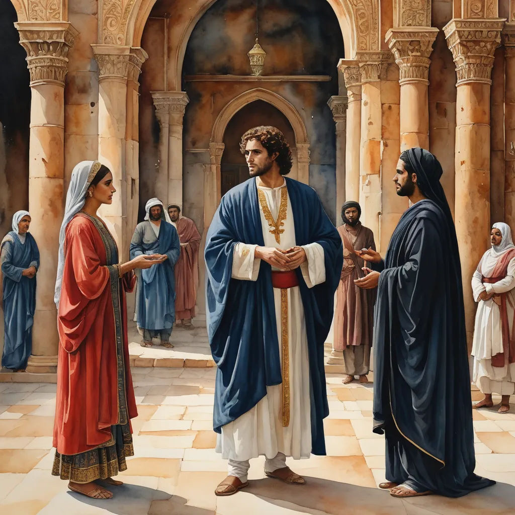 a painting of jesus talking to a woman in a church with other people around him and a man in a blue robe, american scene painting, a detailed painting, Brothers Hildebrandt, detailed painting