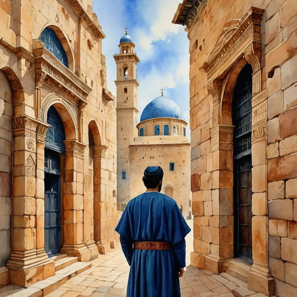 a man in a blue robe standing in front of a building with a dome on top of it and a blue sky, figurative art, a detailed matte painting, David Ligare, highly detailed digital painting