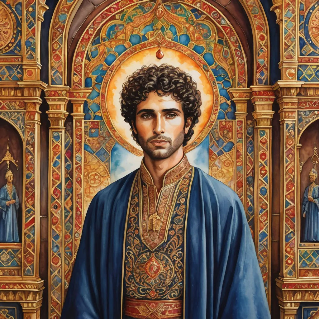a painting of a man in a blue robe and a gold crown on his head and shoulders, with a blue robe on his shoulders and a gold crown on his head, pre-raphaelitism, a detailed painting, Donato Giancola, official art