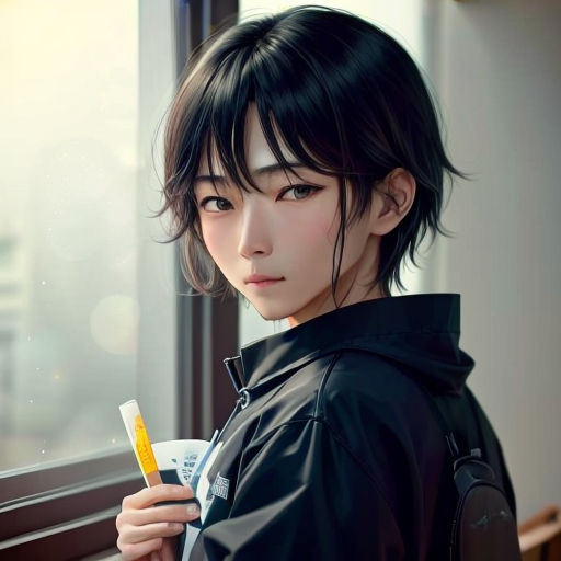 a woman with a black jacket and a yellow and white pen in her hand and a window behind her
