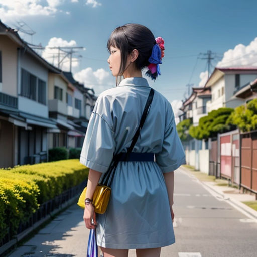 a woman in a kimono walking down a street with a handbag in her hand and a purse in her other hand