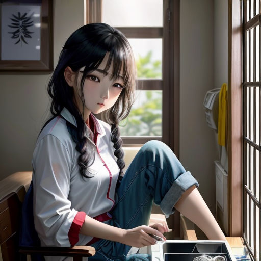 a woman sitting on a chair next to a window with a cell phone in her hand and a box with a heart on it