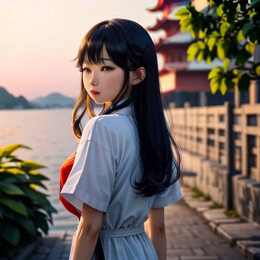 a woman standing next to a body of water near a tree and a building with a red roof on top