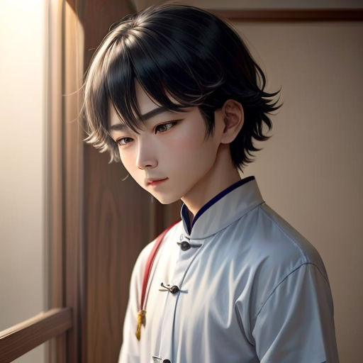 a man with a short black hair and a white shirt is standing in front of a door and looking at the camera