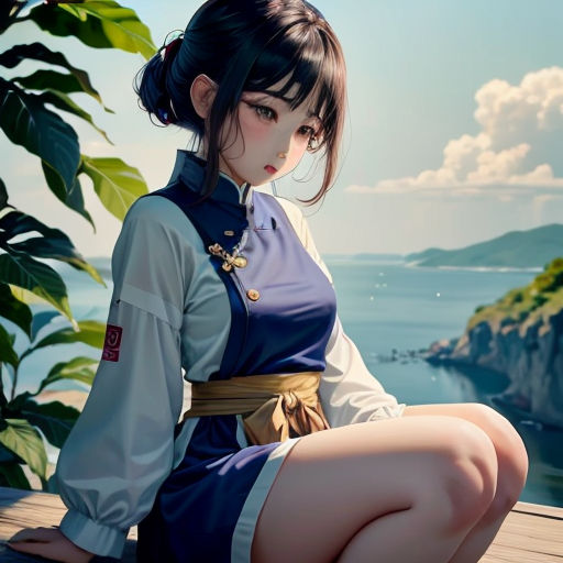 a woman sitting on a wooden deck next to a body of water and a mountain in the background with a sky