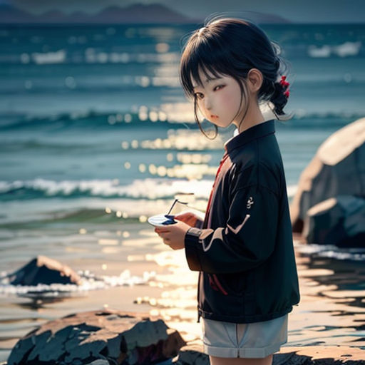 a young girl standing on a beach next to the ocean holding a cell phone and looking at the water