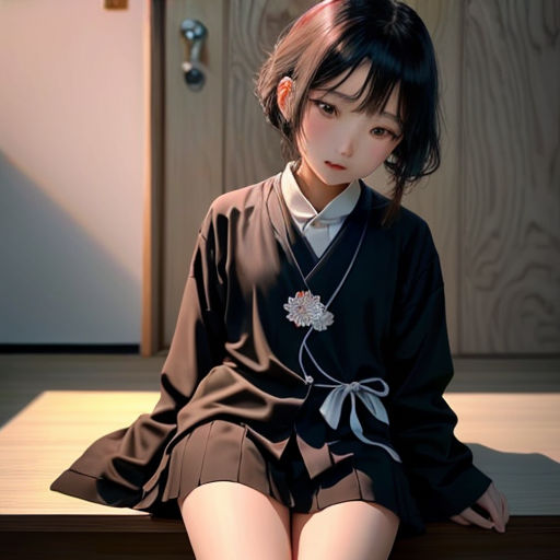 a woman sitting on a table wearing a black outfit and a white shirt with a flower on it's lap