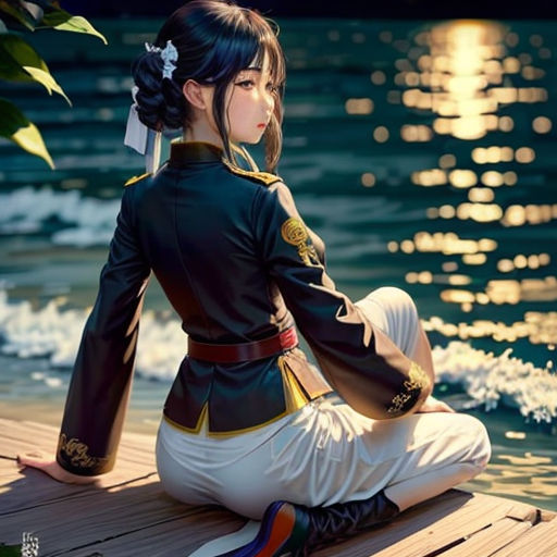 a woman sitting on a dock next to the water at night with a full moon in the background and a body of water behind her