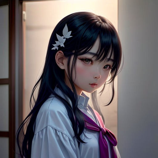 a girl with long black hair and a purple bow around her head is standing in a doorway with a door