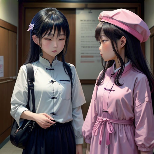 two young girls standing next to each other in a hallway with a sign on the wall behind them that says,