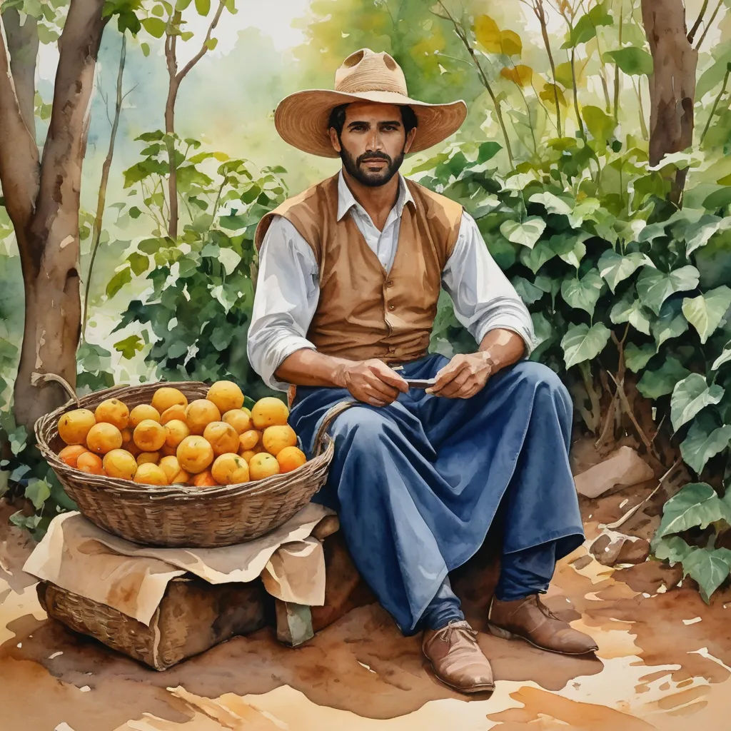 a painting of a man sitting on a tree stump with a basket of oranges in front of him, figurative art, an ultrafine detailed painting, Diego Rivera, highly detailed digital painting