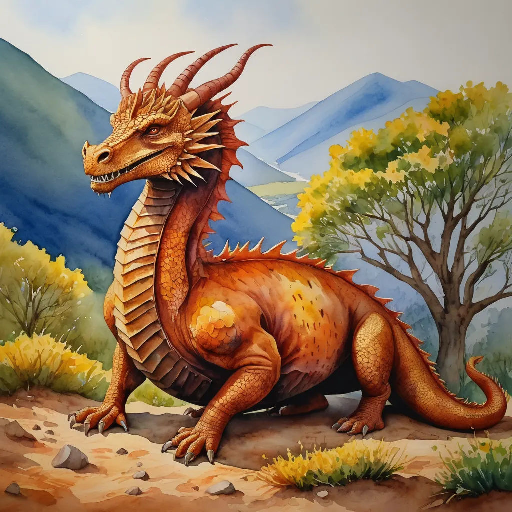 a painting of a dragon sitting on a hill with a tree in the background and mountains in the background, fantasy art, an airbrush painting, Anne Stokes, dragon art