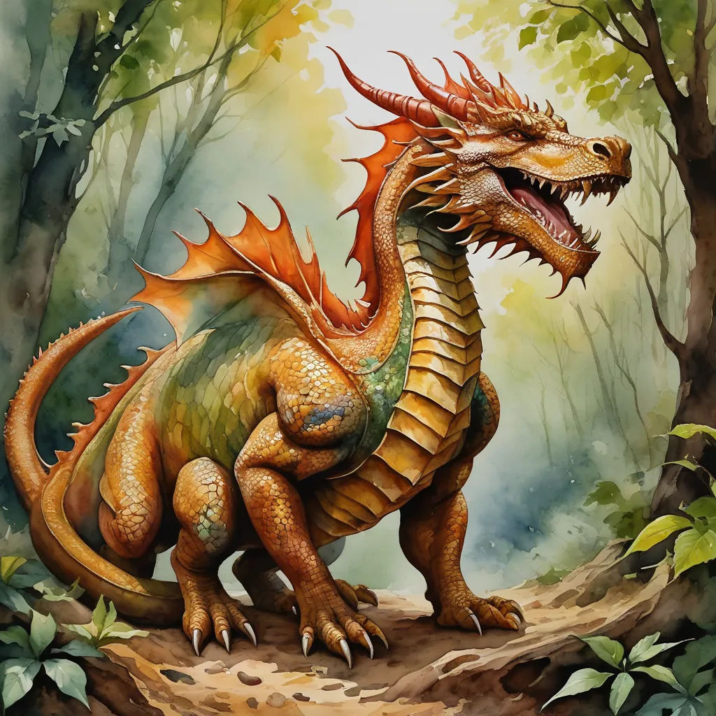 a painting of a dragon in a forest with trees and leaves on the ground, with its mouth open, fantasy art, an airbrush painting, Anne Stokes, dragon art