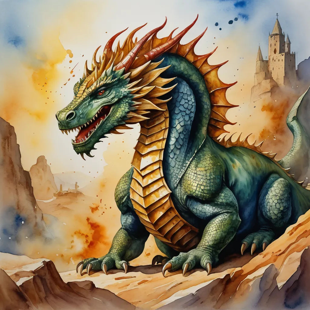 a painting of a dragon on a rock with a castle in the background and a sky background with clouds, fantasy art, an airbrush painting, Christophe Vacher, dragon art