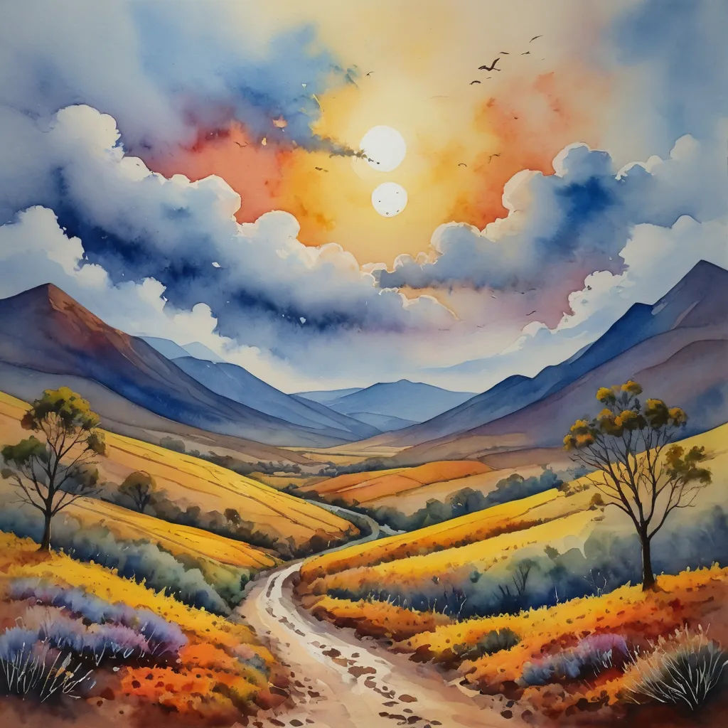 a painting of a road going through a field with mountains in the background and a bird flying over the horizon, american scene painting, an airbrush painting, Alison Kinnaird, sun