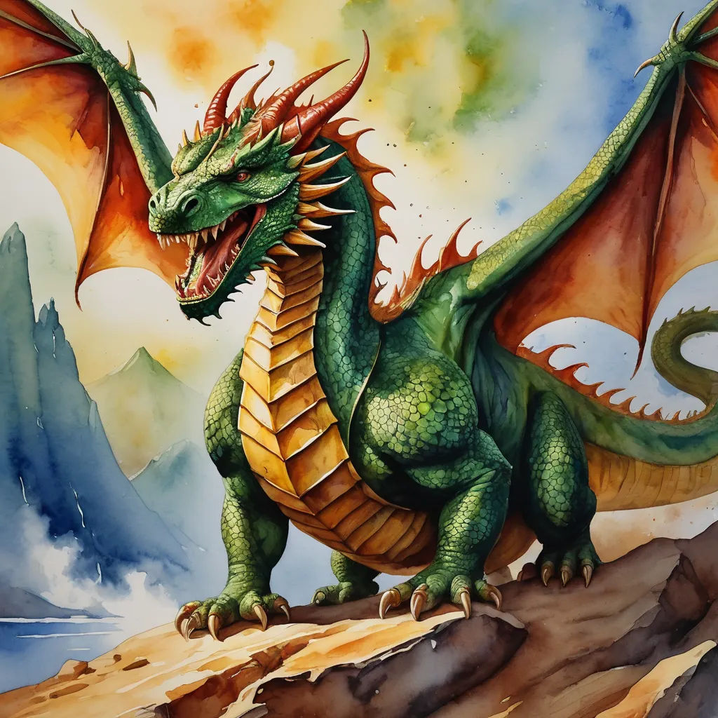 a painting of a dragon on a mountain top with a mountain in the background and a sky in the background, fantasy art, an airbrush painting, Anne Stokes, dragon art