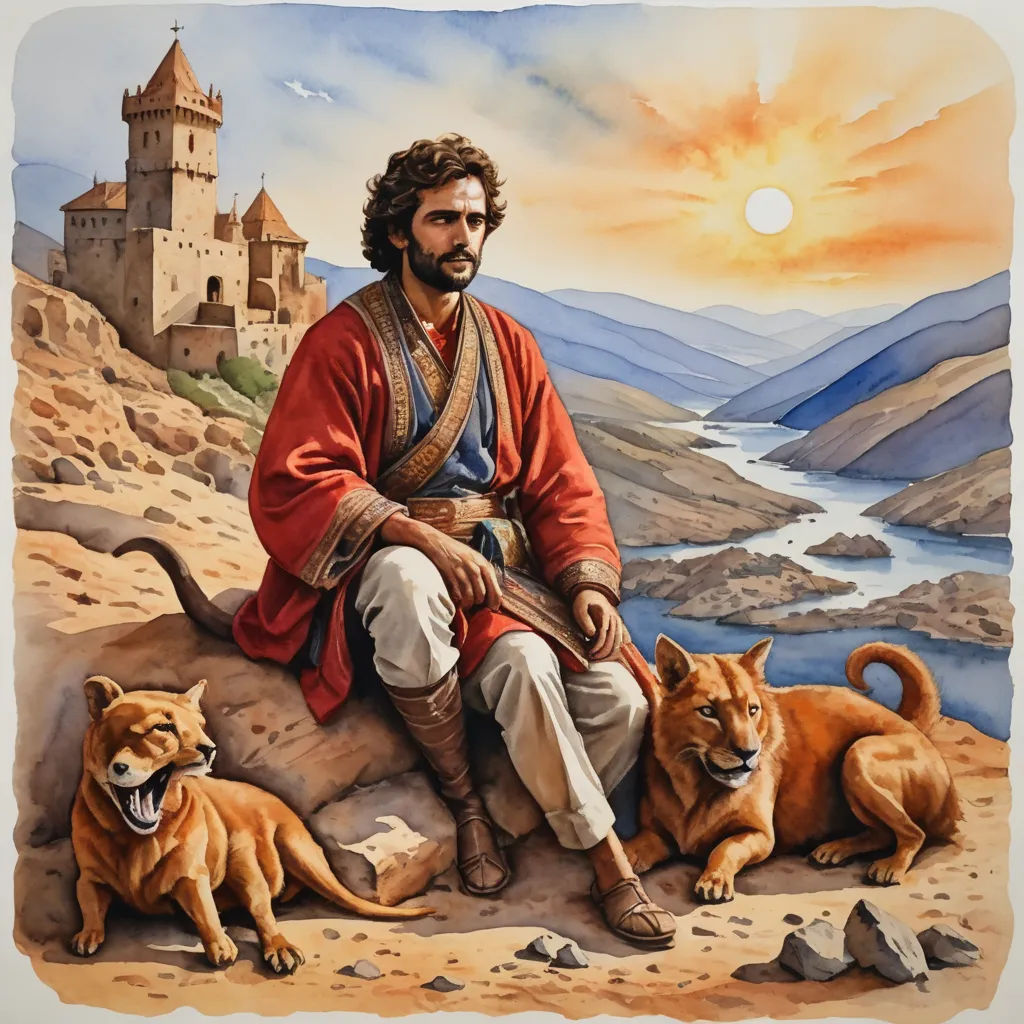 a painting of a man sitting on a rock with two dogs and a castle in the background with a sunset, naive art, a character portrait, Christophe Vacher, character portrait
