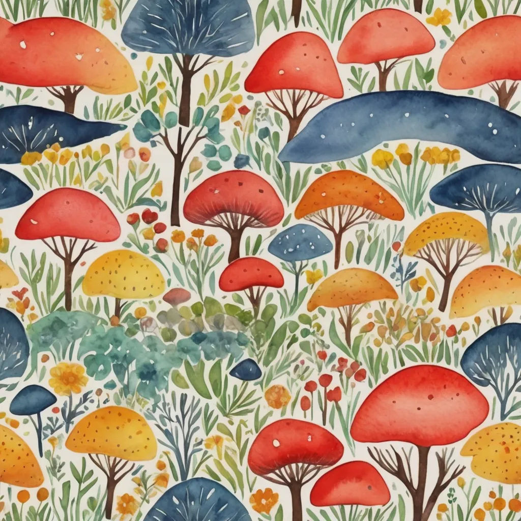 a colorful pattern of mushrooms and trees on a white background with blue, red, yellow, and green leaves, folk art, a watercolor painting, Annabel Kidston, in gouache detailed paintings