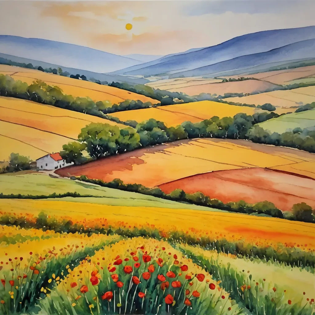 a painting of a farm and fields with a sun in the background and a house in the distance with a field of flowers in the foreground, color field, a watercolor painting, David Martin, landscape