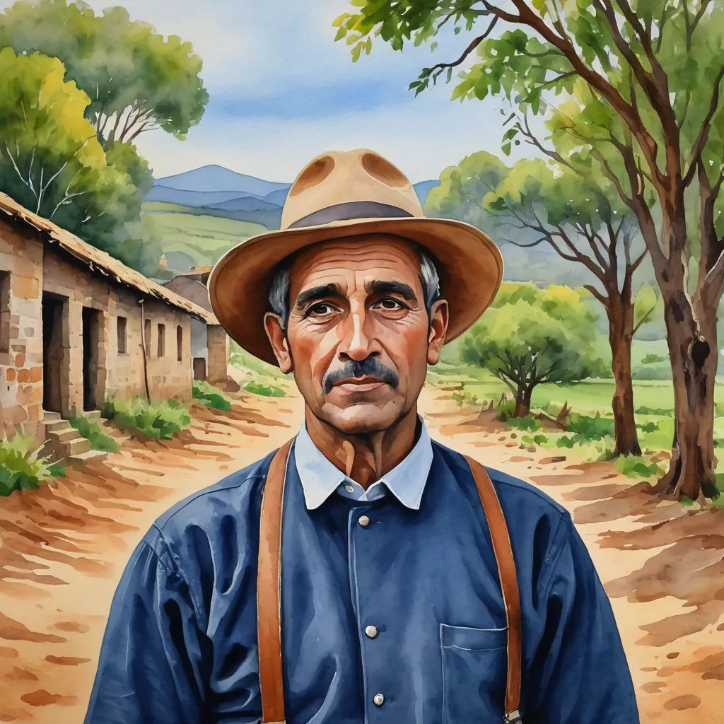 a painting of a man with a hat and suspenders on a dirt road with a building in the background, american scene painting, an ultrafine detailed painting, F. Scott Hess, professional digital painting