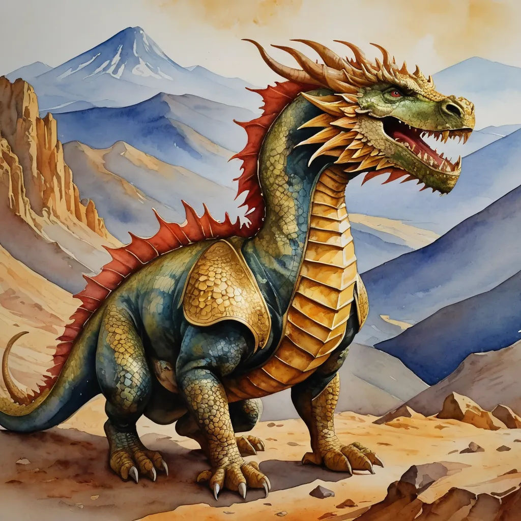 a painting of a dragon on a mountain side with mountains in the background and a mountain range in the background, fantasy art, a watercolor painting, Adam Rex, dragon art