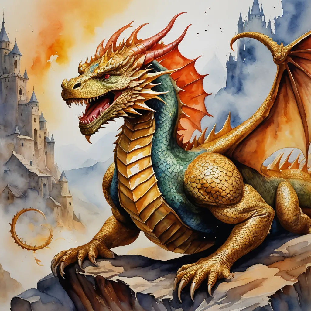 a painting of a dragon on a rock with a castle in the background and a fire breathing dragon on the right side, fantasy art, an airbrush painting, Anne Stokes, dragon art