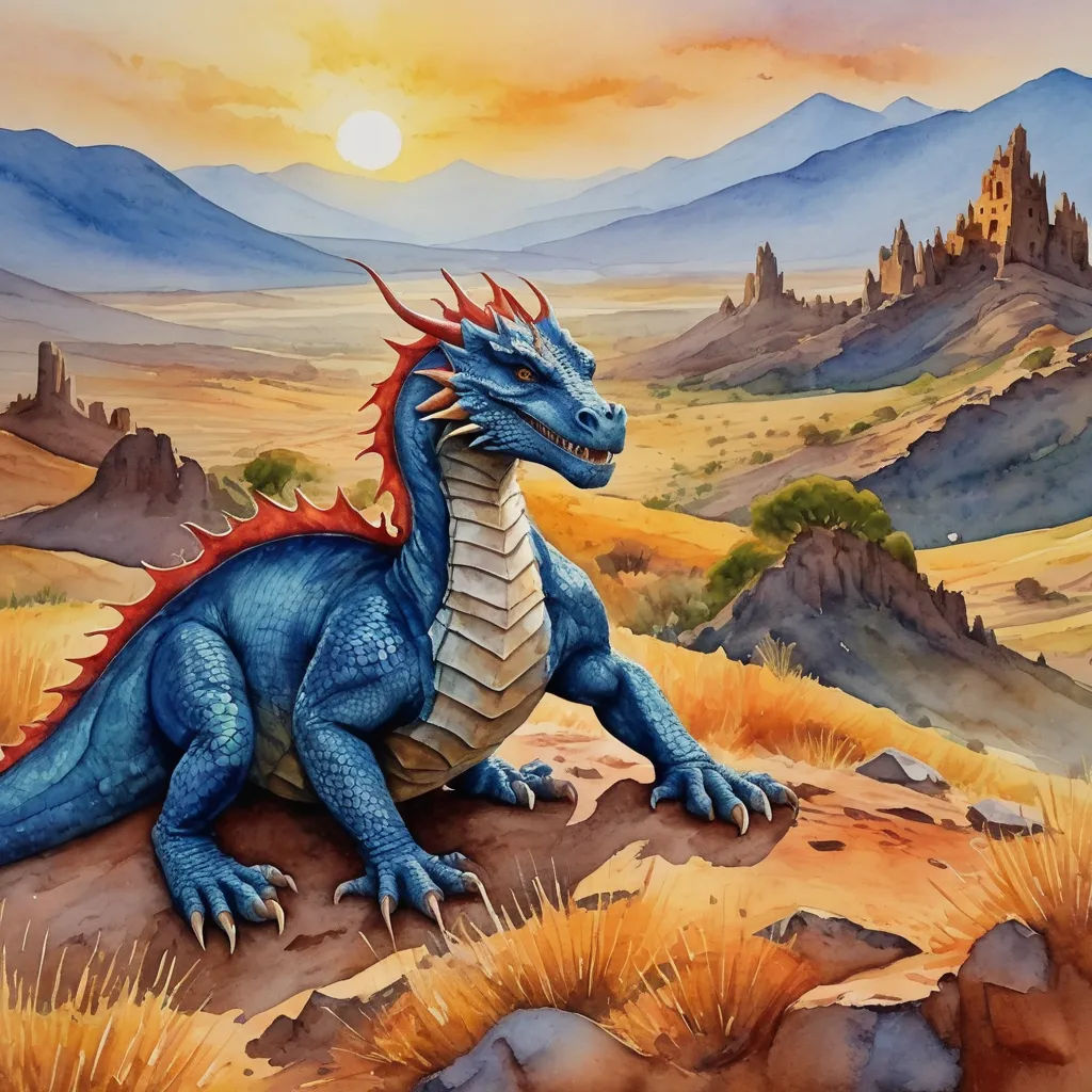 a painting of a blue dragon sitting on a rock in a desert landscape with mountains in the background and a castle in the distance, fantasy art, an airbrush painting, Anne Stokes, dragon art
