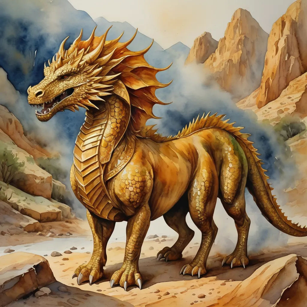 a golden dragon standing on a rocky surface in front of a mountain range with clouds and fog behind it, fantasy art, an airbrush painting, Christophe Vacher, dragon art