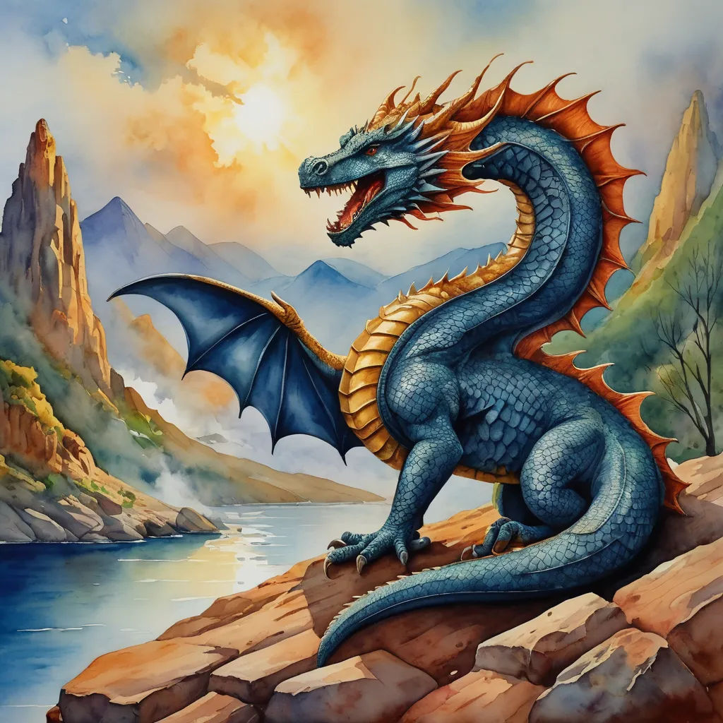 a painting of a dragon sitting on a rock by the water with a mountain in the background and a sunset, fantasy art, an airbrush painting, Anne Stokes, dragon art