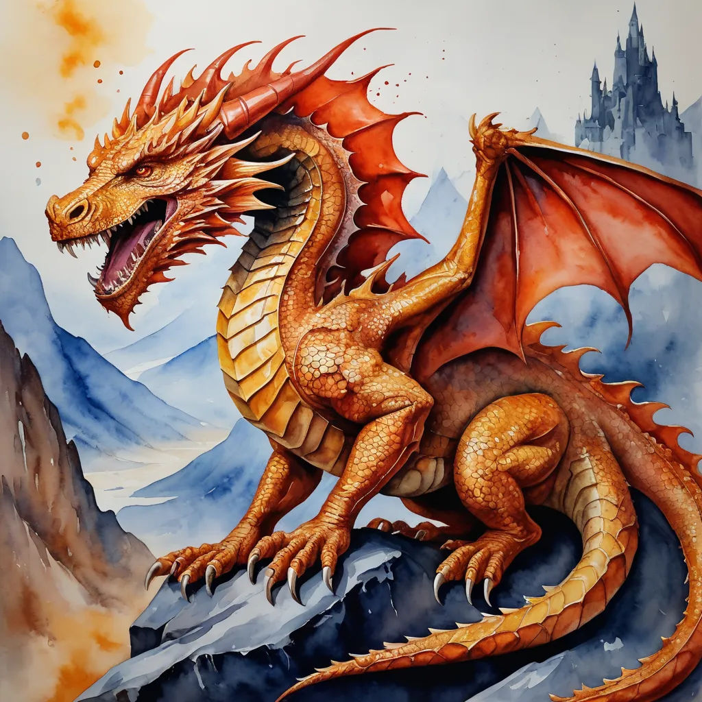a painting of a dragon on a mountain with a castle in the background and a mountain range in the foreground, fantasy art, an airbrush painting, Anne Stokes, dragon art