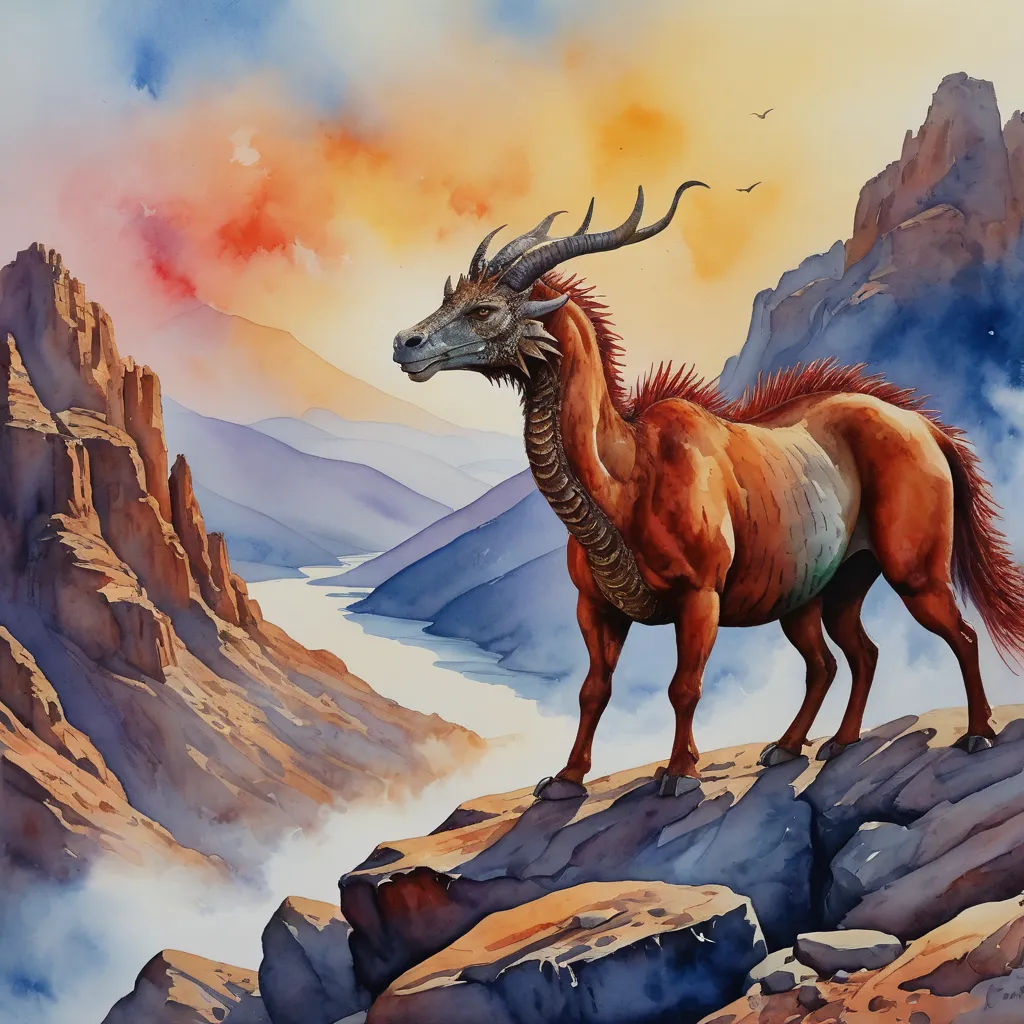 a painting of a mountain goat standing on a rocky cliff with a mountain range in the background and a bird flying over it, fantasy art, an airbrush painting, Anne Stokes, in gouache detailed paintings