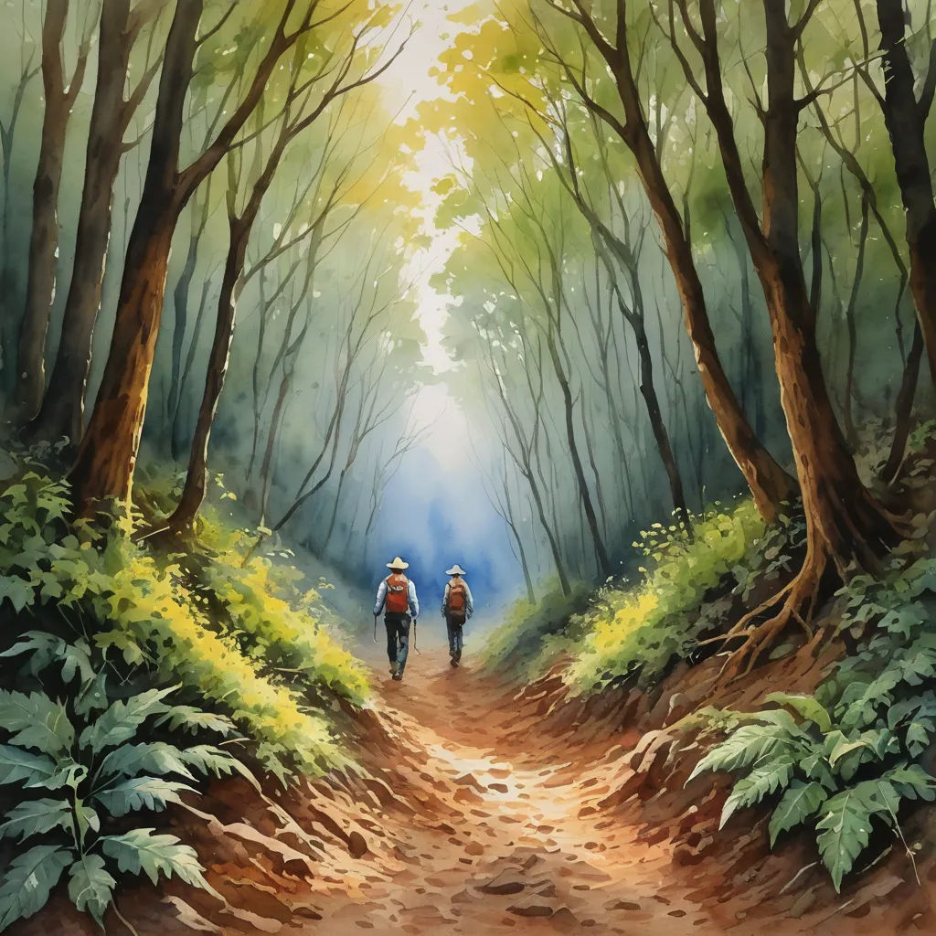 a painting of two people walking down a dirt path in the woods with trees and ferns on either side, figurative art, a fine art painting, David Martin, highly detailed oil painting