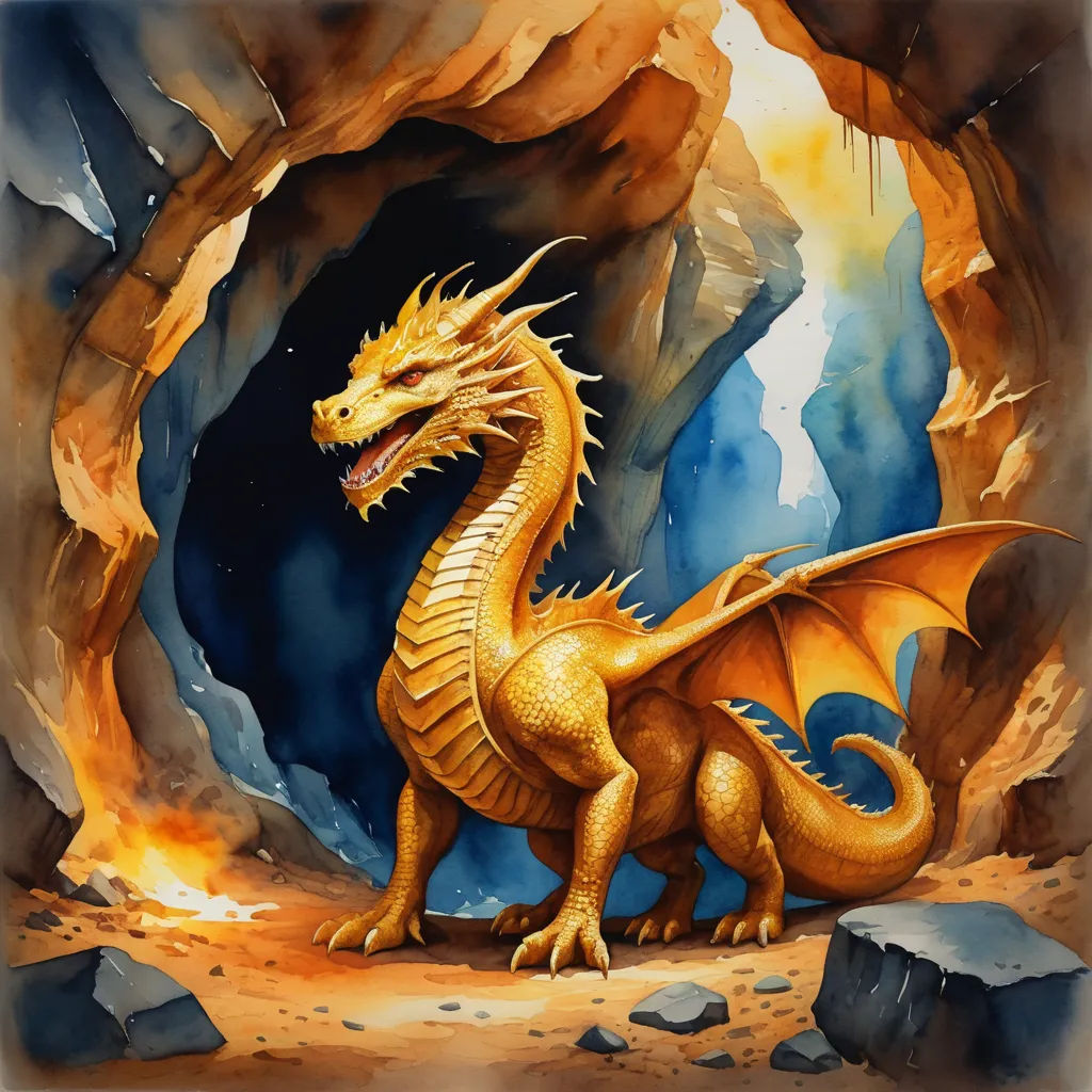 a golden dragon is standing in a cave with a bright light coming from it's mouth and a rock formation behind it, fantasy art, an airbrush painting, Anne Stokes, dragon art
